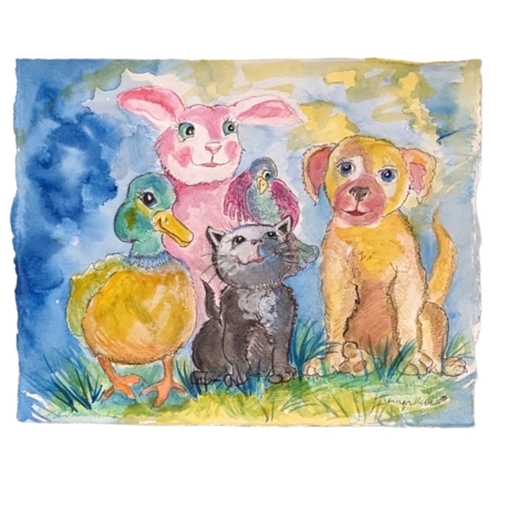 Hand signed original Watercolor Fellowship animal friends